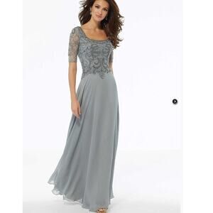 MGNY Beaded Lace Evening Gown Sz 8 Gray Chiffon Formal Mother of Bride Dress